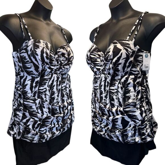 Lane Bryant Black & White Palm Leaves Relaxed Underwire Swim Tankini Top 40DD NW - Picture 6 of 16